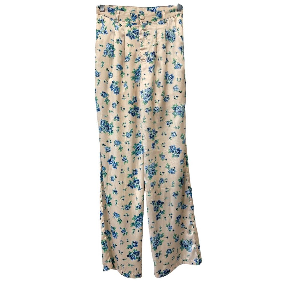 Bailey Rose Floral Satin Pants Size Small Blue White High Waist Wide Leg Boho